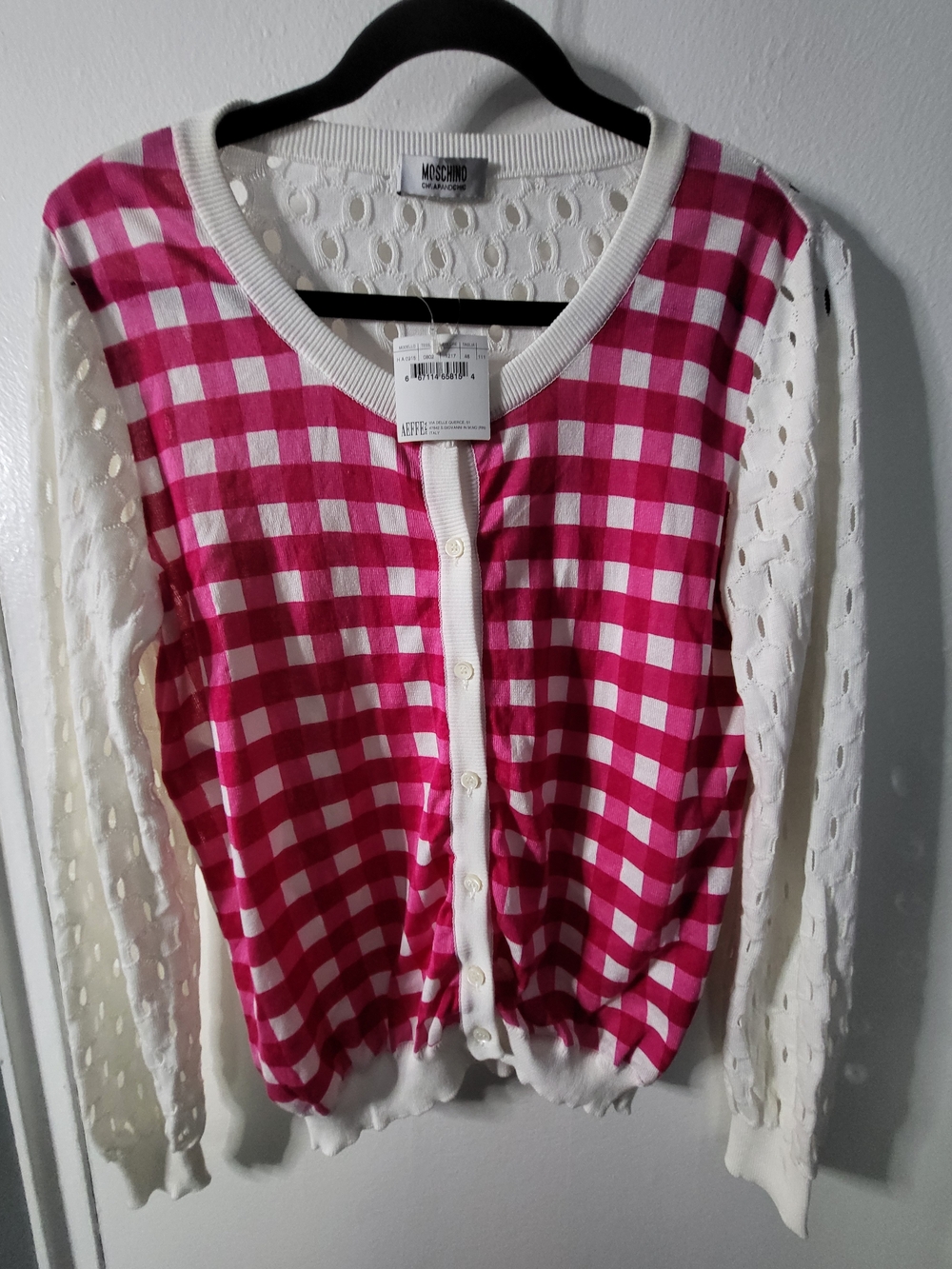 Moschino Pink and White Checkered Cardigan Sweater